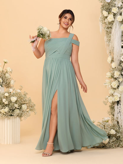A-Line/Princess One-Shoulder Sleeveless Floor-Length Ruched Plus Size Bridesmaid Dresses With Side Slit