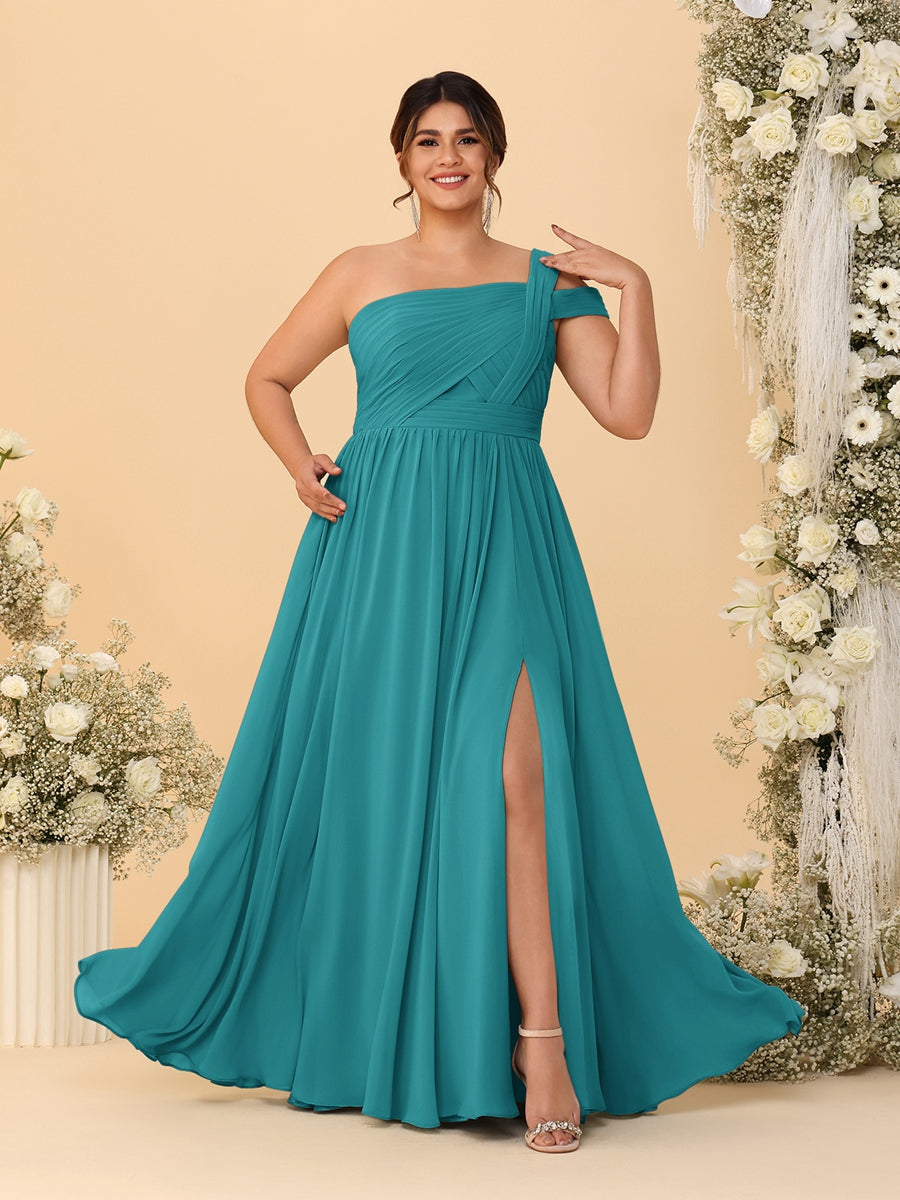 A-Line/Princess One-Shoulder Sleeveless Floor-Length Ruched Plus Size Bridesmaid Dresses With Side Slit