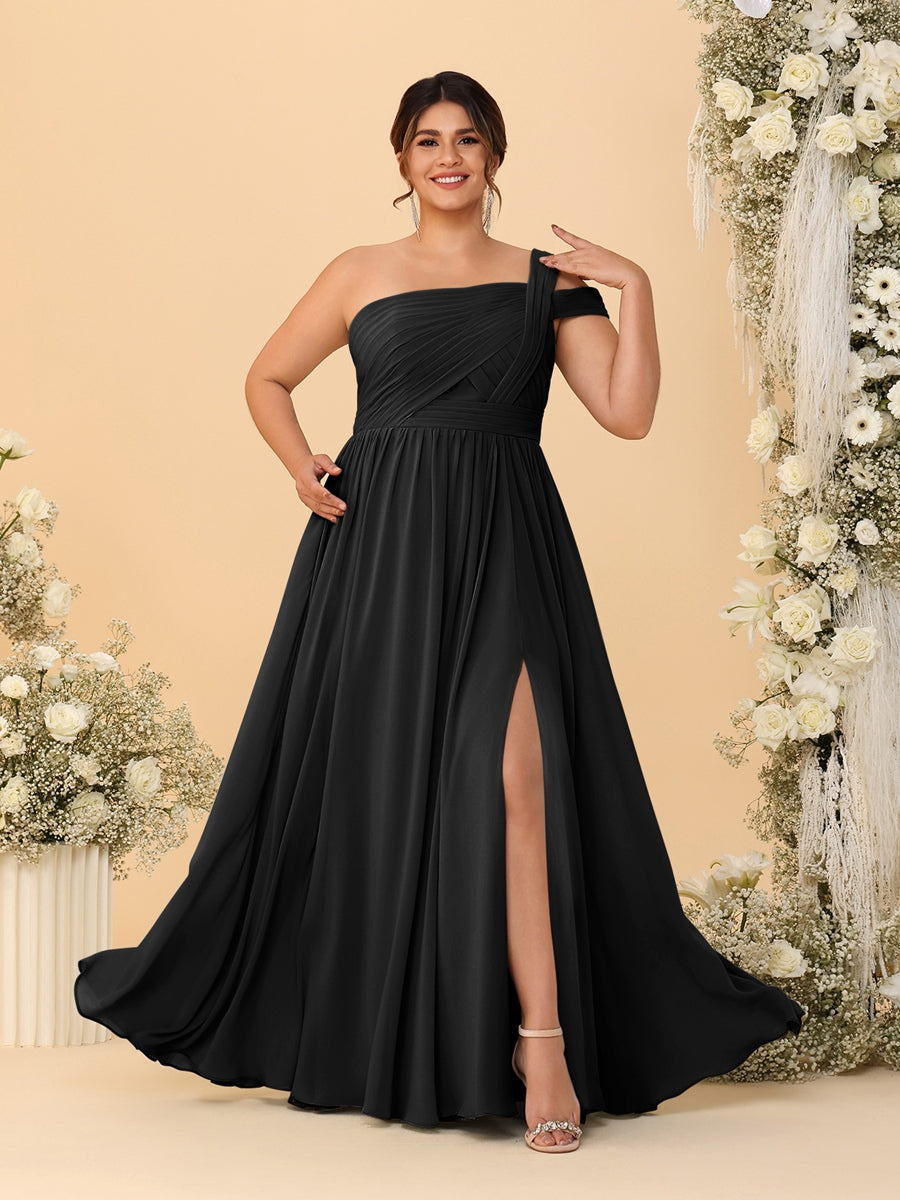 A-Line/Princess One-Shoulder Sleeveless Floor-Length Ruched Plus Size Bridesmaid Dresses With Side Slit