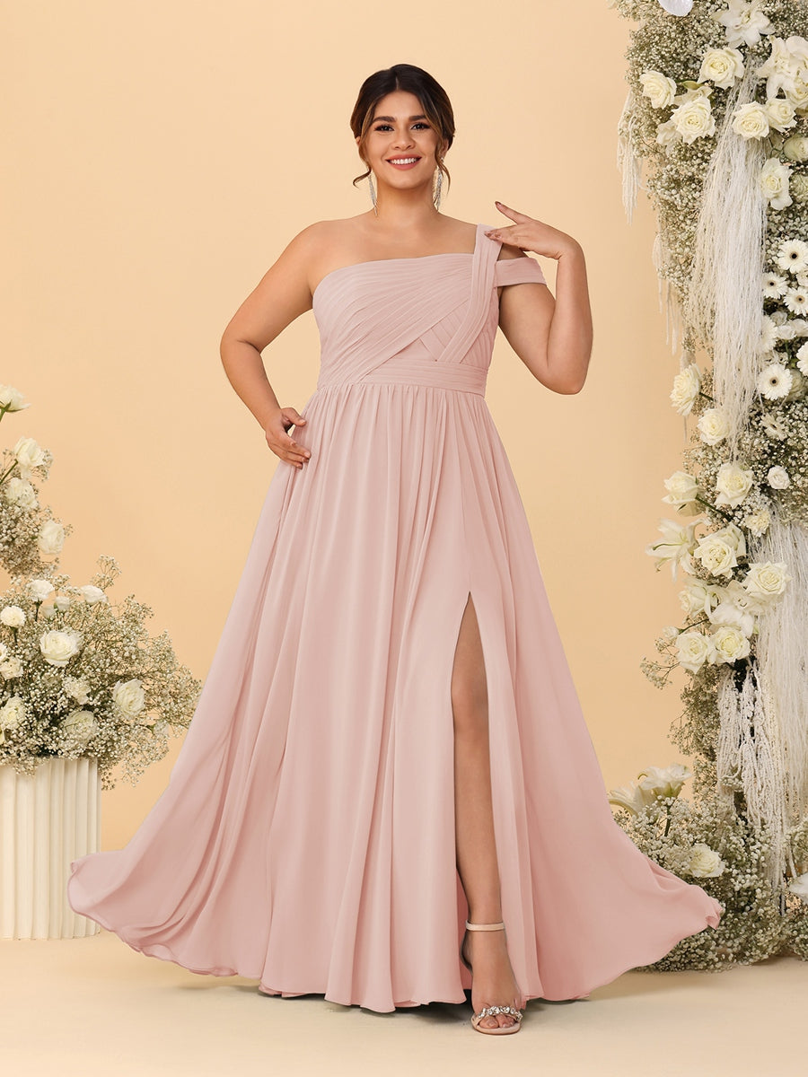 A-Line/Princess One-Shoulder Sleeveless Floor-Length Ruched Plus Size Bridesmaid Dresses With Side Slit