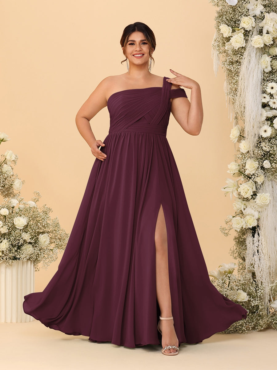 A-Line/Princess One-Shoulder Sleeveless Floor-Length Ruched Plus Size Bridesmaid Dresses With Side Slit