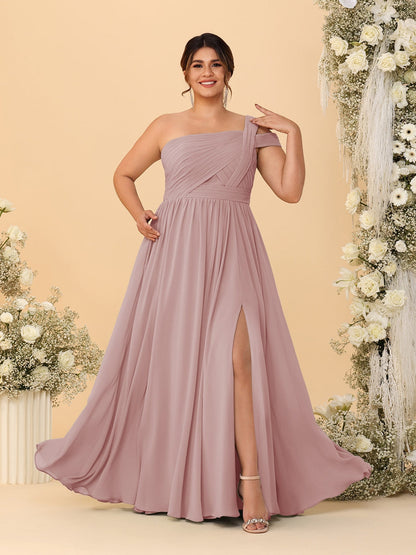 A-Line/Princess One-Shoulder Sleeveless Floor-Length Ruched Plus Size Bridesmaid Dresses With Side Slit