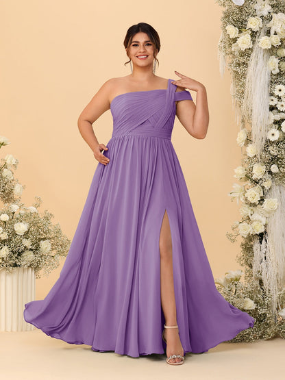 A-Line/Princess One-Shoulder Sleeveless Floor-Length Ruched Plus Size Bridesmaid Dresses With Side Slit