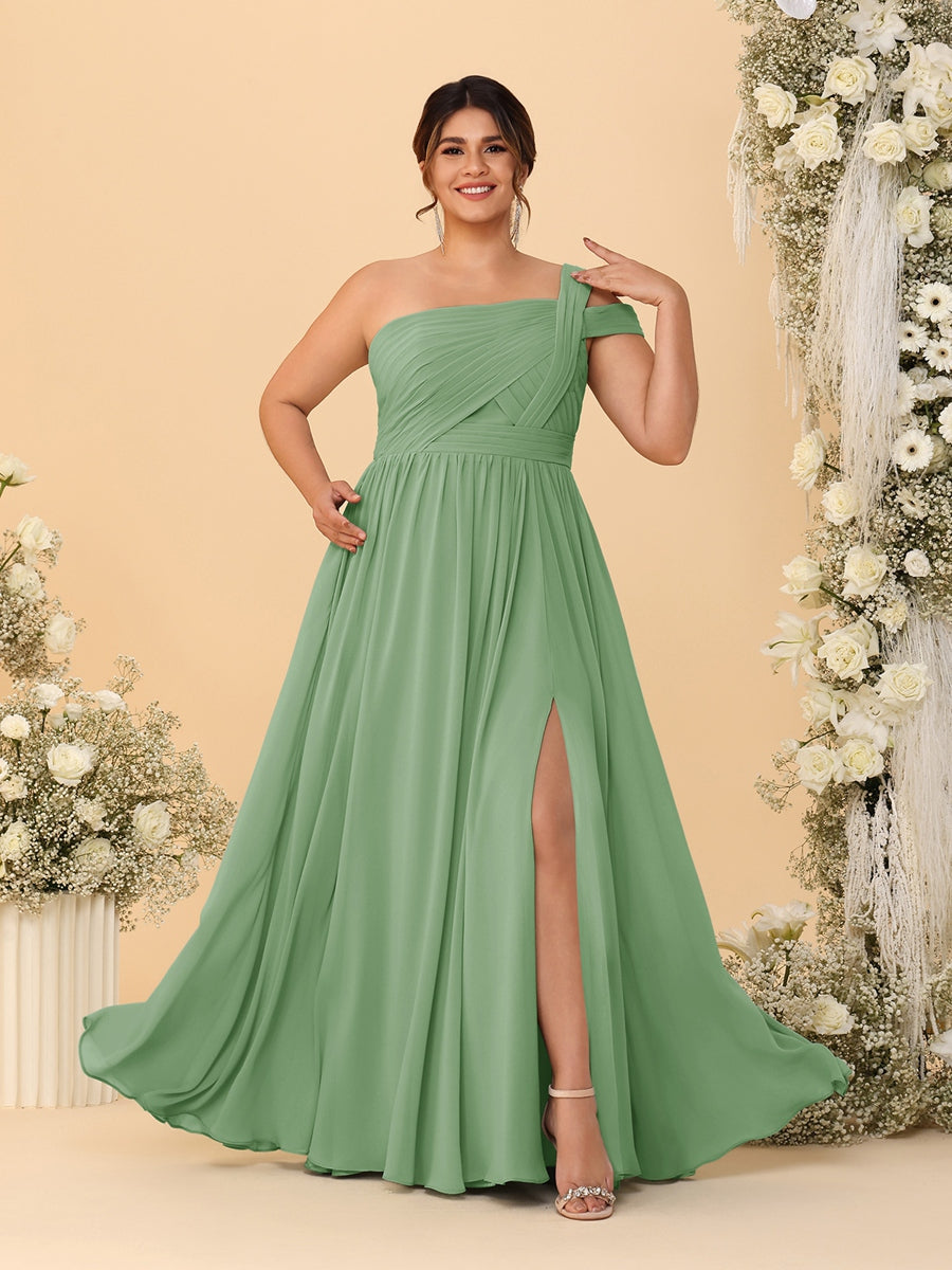 A-Line/Princess One-Shoulder Sleeveless Floor-Length Ruched Plus Size Bridesmaid Dresses With Side Slit