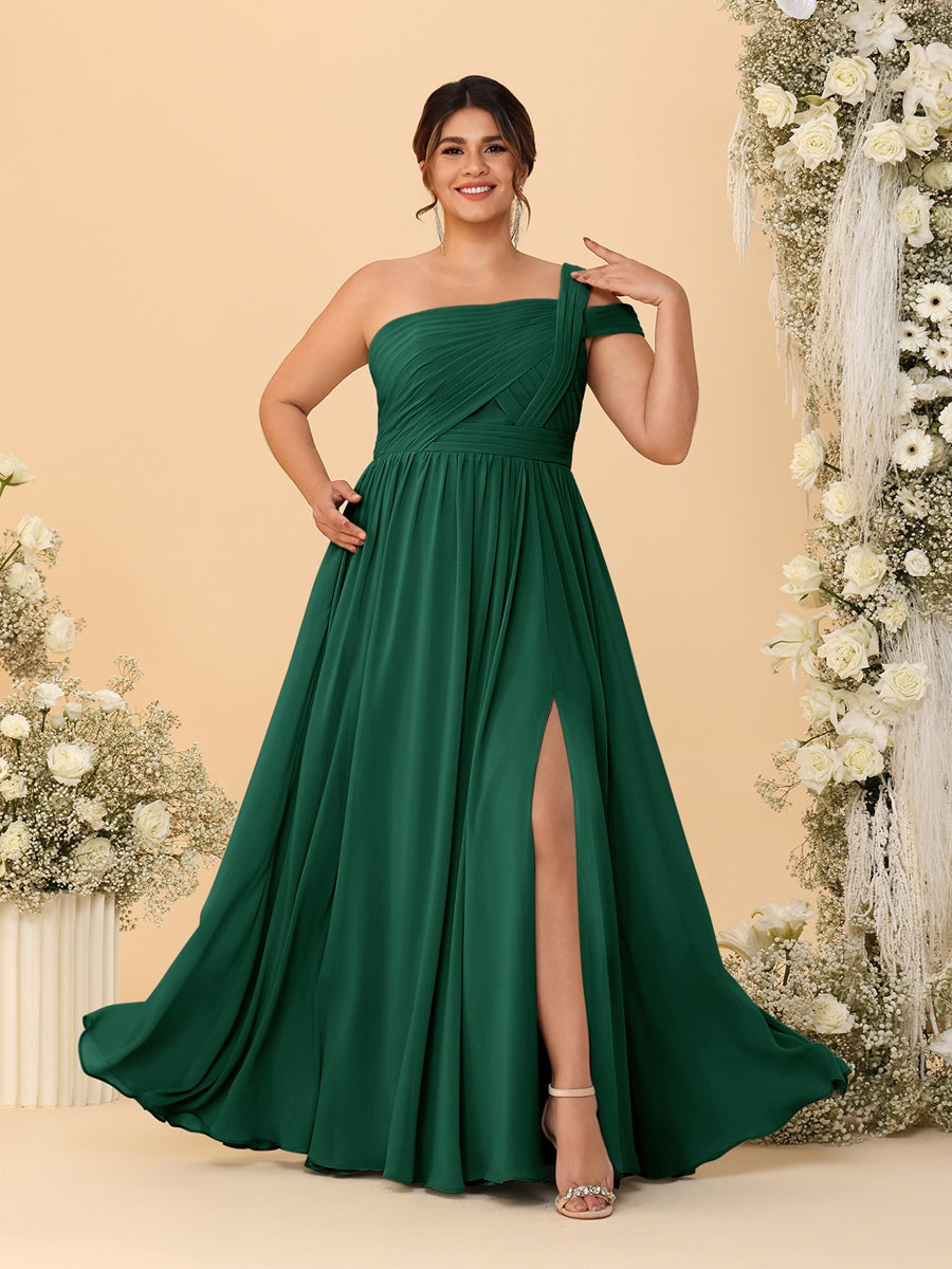 A-Line/Princess One-Shoulder Sleeveless Floor-Length Ruched Plus Size Bridesmaid Dresses With Side Slit