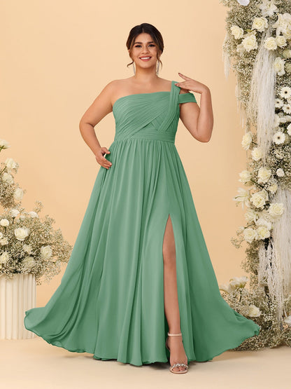 A-Line/Princess One-Shoulder Sleeveless Floor-Length Ruched Plus Size Bridesmaid Dresses With Side Slit