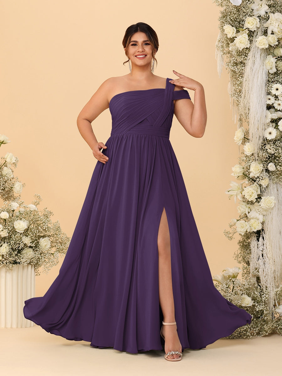 A-Line/Princess One-Shoulder Sleeveless Floor-Length Ruched Plus Size Bridesmaid Dresses With Side Slit