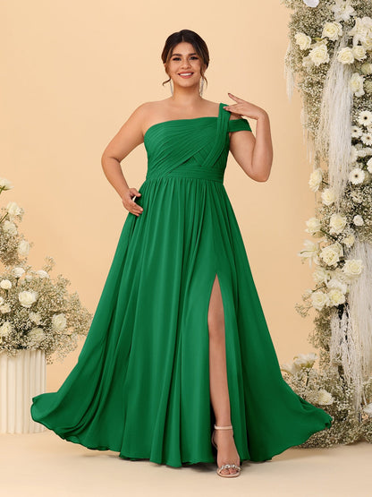 A-Line/Princess One-Shoulder Sleeveless Floor-Length Ruched Plus Size Bridesmaid Dresses With Side Slit
