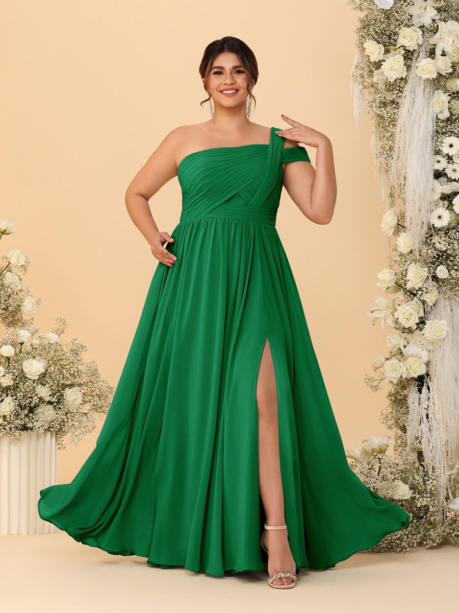 A-Line/Princess One-Shoulder Sleeveless Floor-Length Ruched Plus Size Bridesmaid Dresses With Side Slit