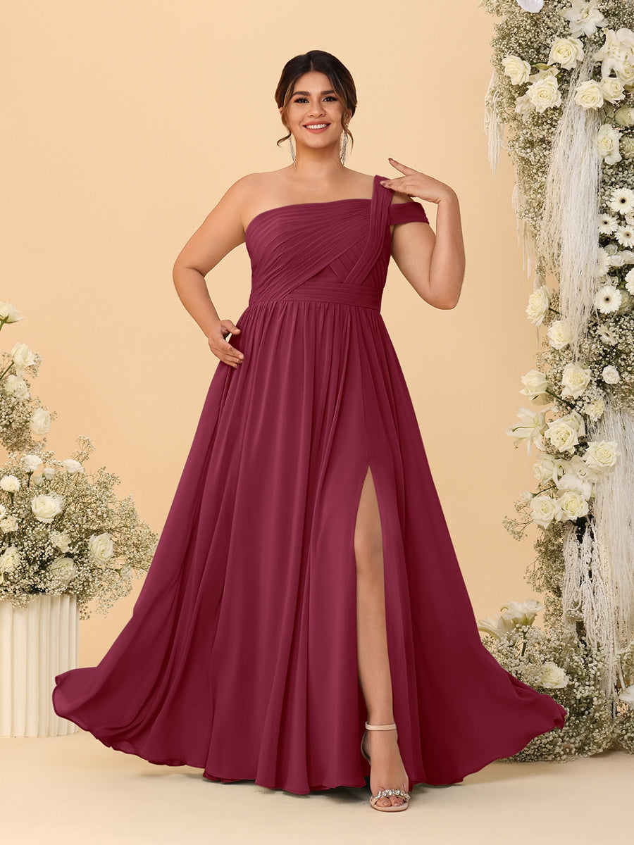 A-Line/Princess One-Shoulder Sleeveless Floor-Length Ruched Plus Size Bridesmaid Dresses With Side Slit
