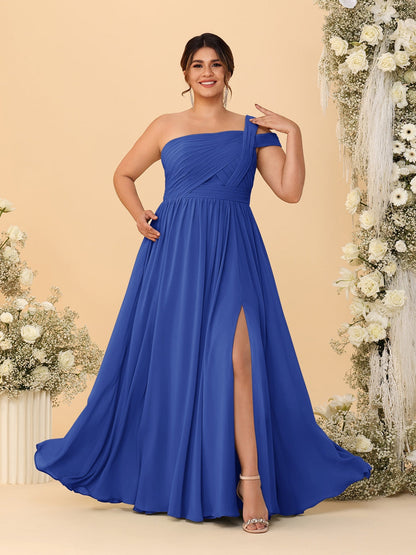 A-Line/Princess One-Shoulder Sleeveless Floor-Length Ruched Plus Size Bridesmaid Dresses With Side Slit