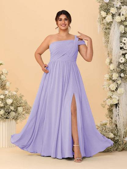 A-Line/Princess One-Shoulder Sleeveless Floor-Length Ruched Plus Size Bridesmaid Dresses With Side Slit
