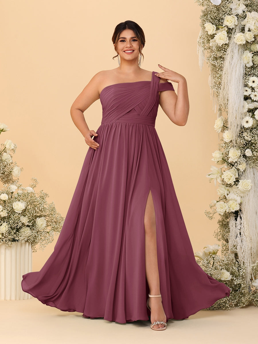 A-Line/Princess One-Shoulder Sleeveless Floor-Length Ruched Plus Size Bridesmaid Dresses With Side Slit