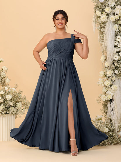 A-Line/Princess One-Shoulder Sleeveless Floor-Length Ruched Plus Size Bridesmaid Dresses With Side Slit