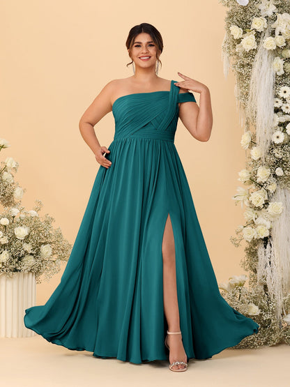 A-Line/Princess One-Shoulder Sleeveless Floor-Length Ruched Plus Size Bridesmaid Dresses With Side Slit