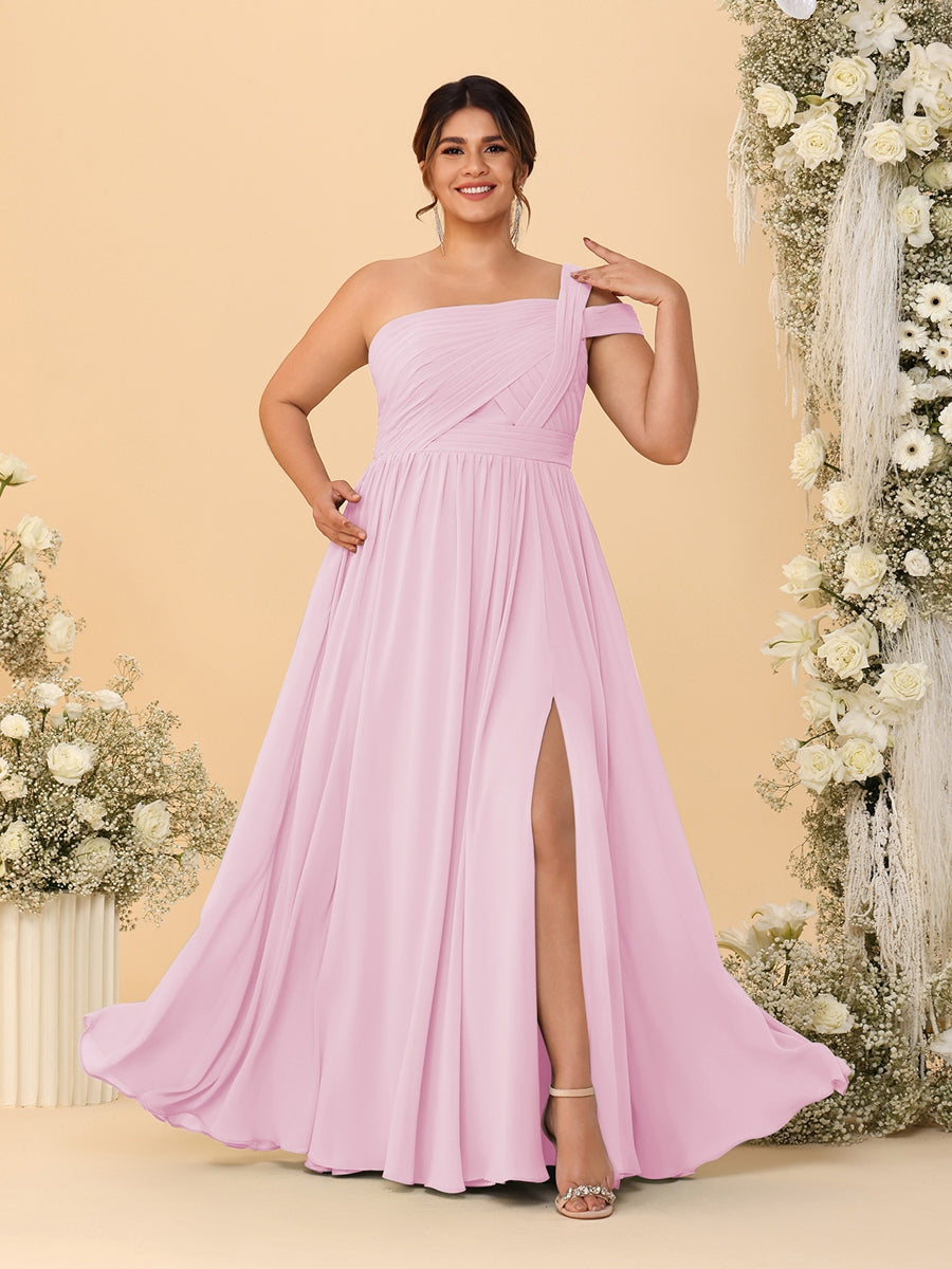 A-Line/Princess One-Shoulder Sleeveless Floor-Length Ruched Plus Size Bridesmaid Dresses With Side Slit