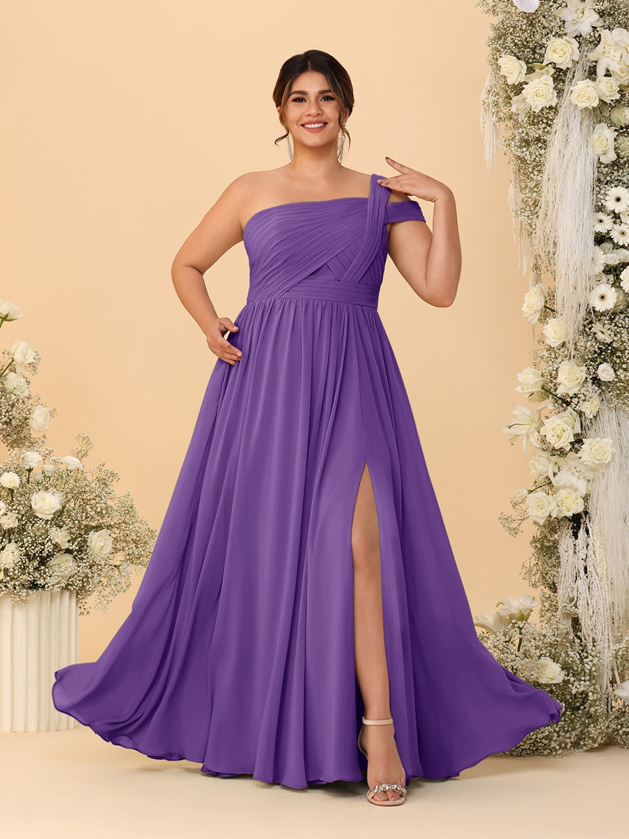 A-Line/Princess One-Shoulder Sleeveless Floor-Length Ruched Plus Size Bridesmaid Dresses With Side Slit