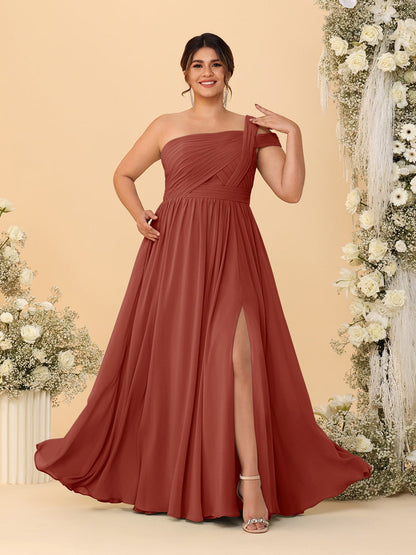 A-Line/Princess One-Shoulder Sleeveless Floor-Length Ruched Plus Size Bridesmaid Dresses With Side Slit