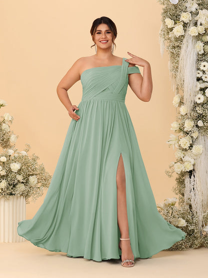A-Line/Princess One-Shoulder Sleeveless Floor-Length Ruched Plus Size Bridesmaid Dresses With Side Slit