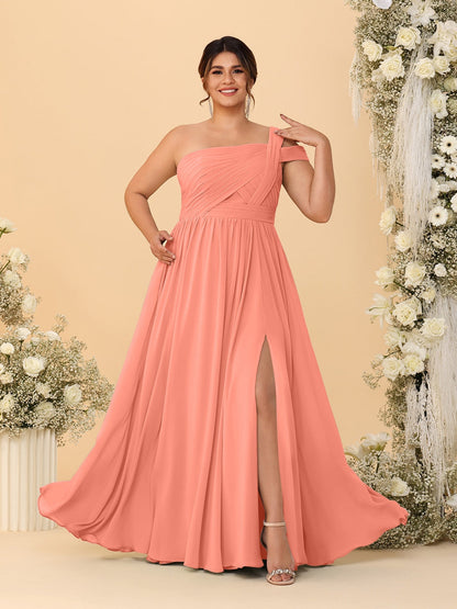 A-Line/Princess One-Shoulder Sleeveless Floor-Length Ruched Plus Size Bridesmaid Dresses With Side Slit