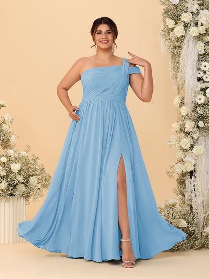 A-Line/Princess One-Shoulder Sleeveless Floor-Length Ruched Plus Size Bridesmaid Dresses With Side Slit