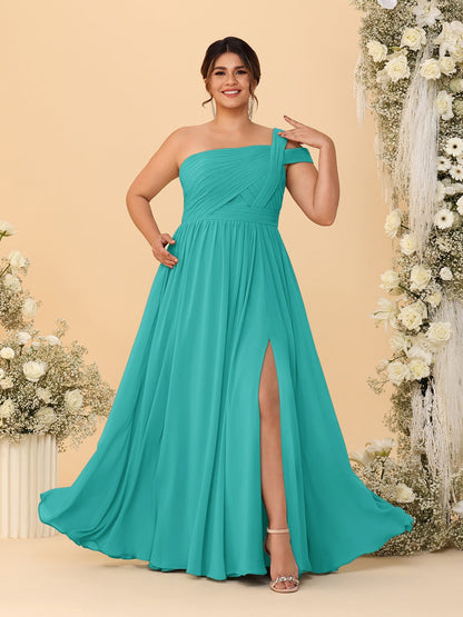A-Line/Princess One-Shoulder Sleeveless Floor-Length Ruched Plus Size Bridesmaid Dresses With Side Slit