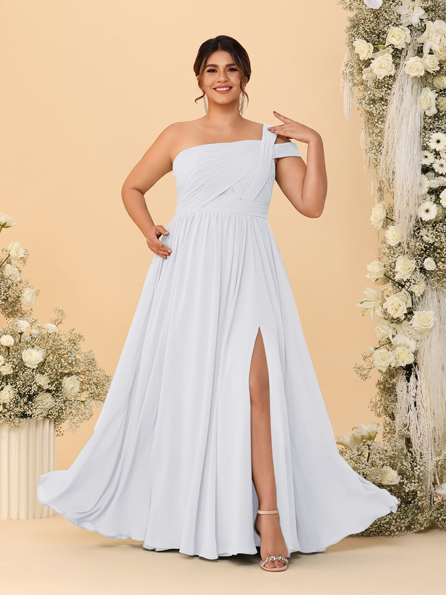 A-Line/Princess One-Shoulder Sleeveless Floor-Length Ruched Plus Size Bridesmaid Dresses With Side Slit