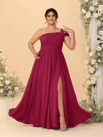 A-Line/Princess One-Shoulder Sleeveless Floor-Length Ruched Plus Size Bridesmaid Dresses With Side Slit