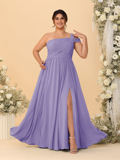 A-Line/Princess One-Shoulder Sleeveless Floor-Length Ruched Plus Size Bridesmaid Dresses With Side Slit