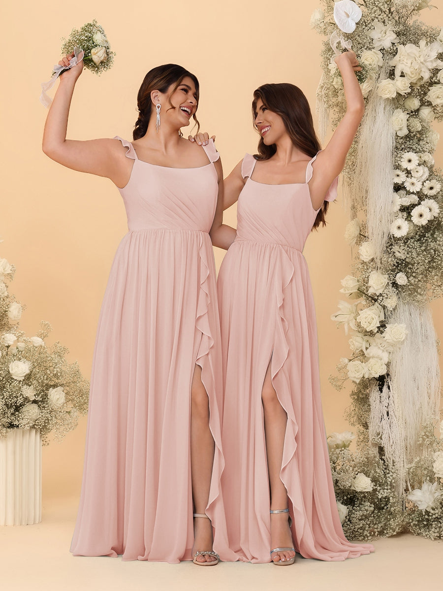 A-Line/Princess Square Neck Sleeveless Ruched Bridesmaid Dresses With Side Slit & Ruffles