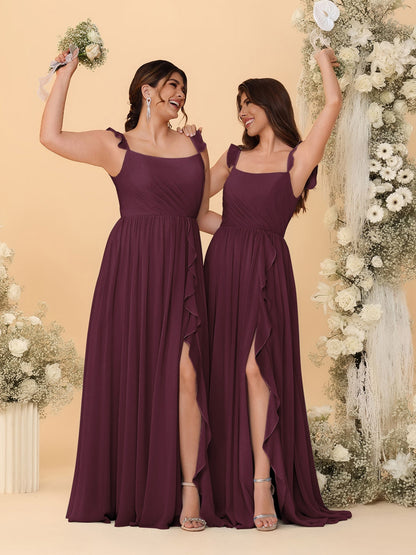 A-Line/Princess Square Neck Sleeveless Ruched Bridesmaid Dresses With Side Slit & Ruffles