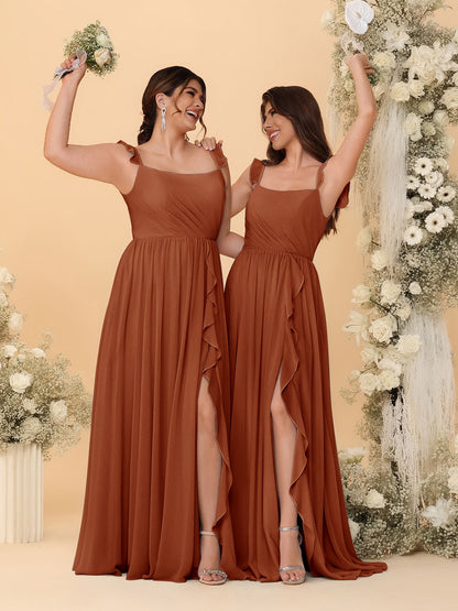 A-Line/Princess Square Neck Sleeveless Ruched Bridesmaid Dresses With Side Slit & Ruffles