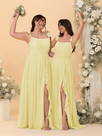 A-Line/Princess Square Neck Sleeveless Ruched Bridesmaid Dresses With Side Slit & Ruffles