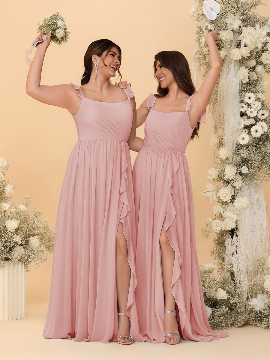 A-Line/Princess Square Neck Sleeveless Ruched Bridesmaid Dresses With Side Slit & Ruffles