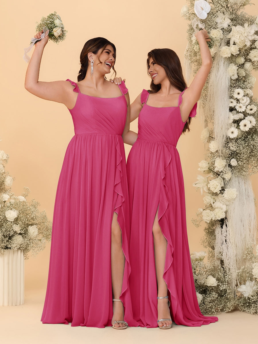 A-Line/Princess Square Neck Sleeveless Ruched Bridesmaid Dresses With Side Slit & Ruffles