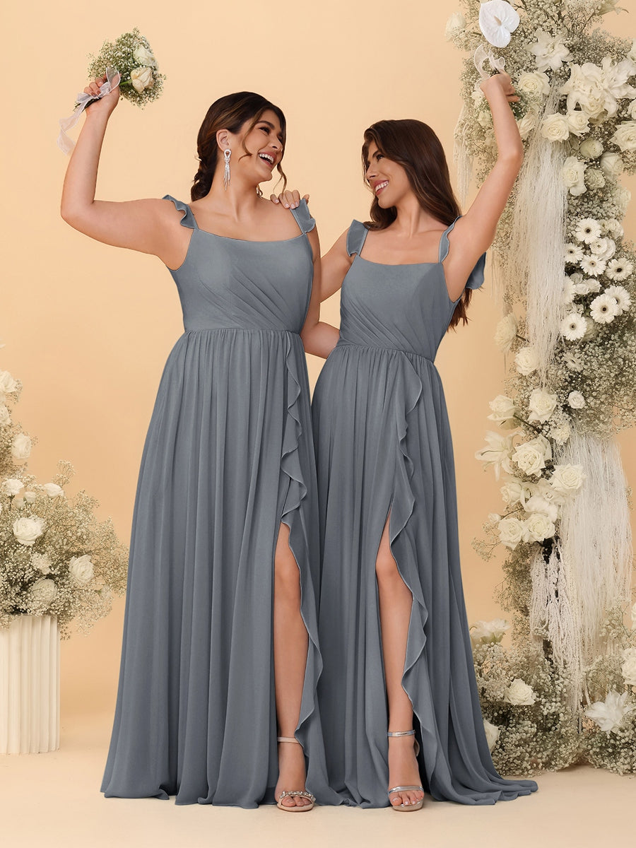A-Line/Princess Square Neck Sleeveless Ruched Bridesmaid Dresses With Side Slit & Ruffles