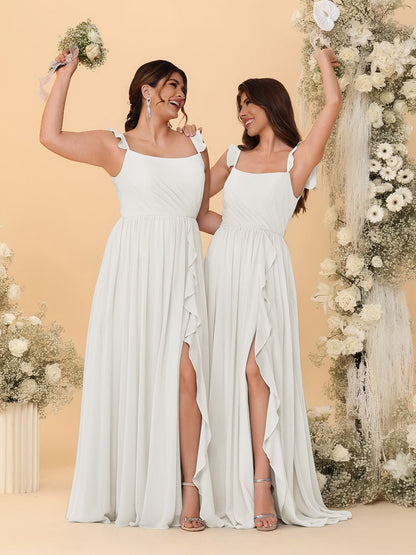 A-Line/Princess Square Neck Sleeveless Ruched Bridesmaid Dresses With Side Slit & Ruffles