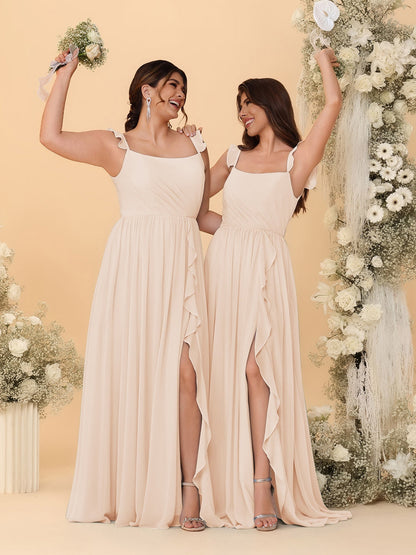 A-Line/Princess Square Neck Sleeveless Ruched Bridesmaid Dresses With Side Slit & Ruffles