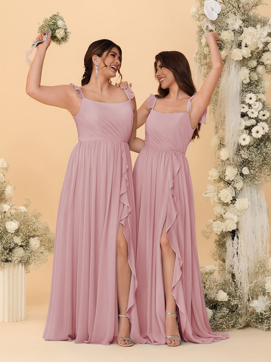 A-Line/Princess Square Neck Sleeveless Ruched Bridesmaid Dresses With Side Slit & Ruffles