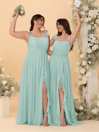 A-Line/Princess Square Neck Sleeveless Ruched Bridesmaid Dresses With Side Slit & Ruffles