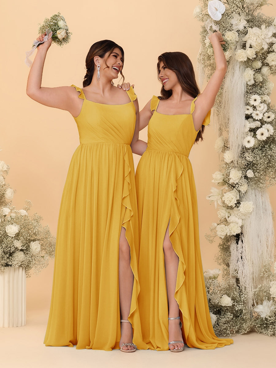 A-Line/Princess Square Neck Sleeveless Ruched Bridesmaid Dresses With Side Slit & Ruffles