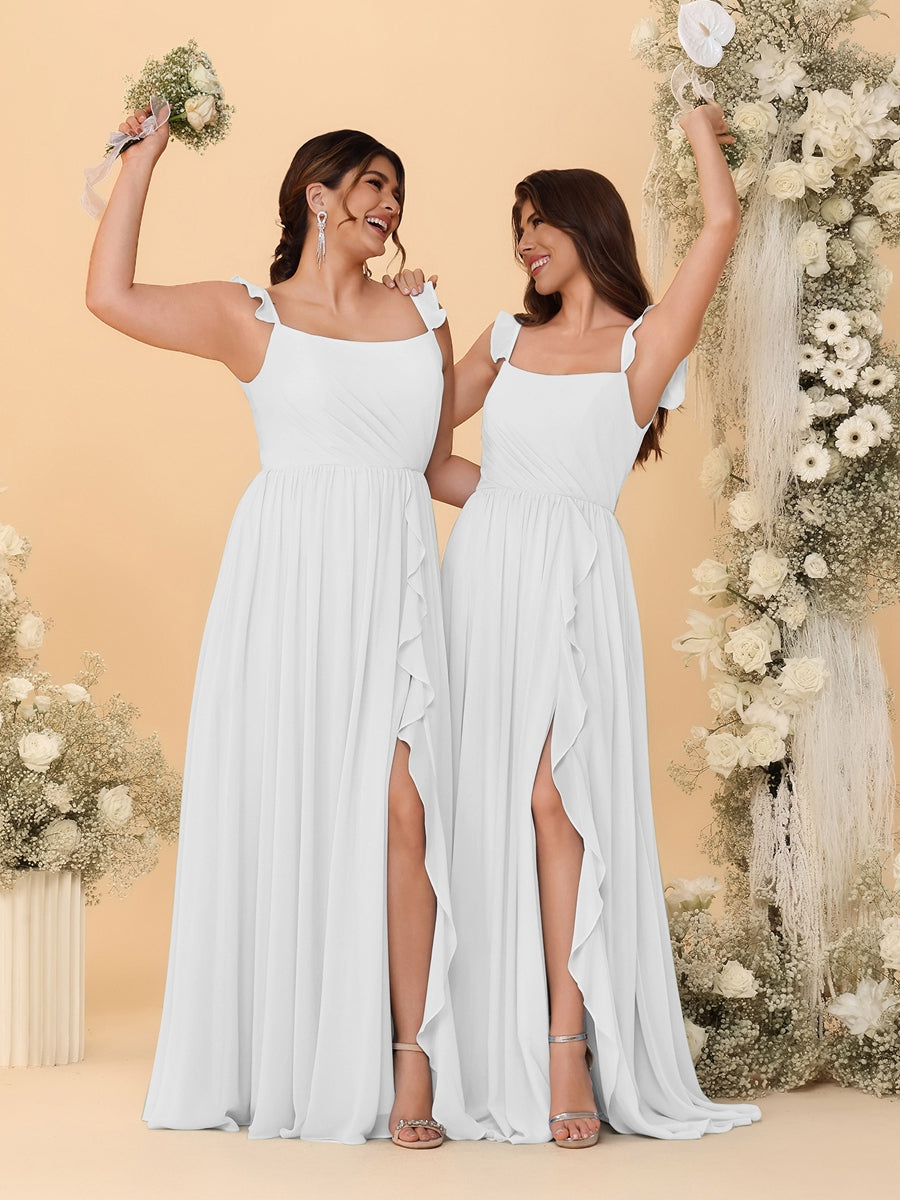A-Line/Princess Square Neck Sleeveless Ruched Bridesmaid Dresses With Side Slit & Ruffles