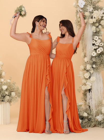 A-Line/Princess Square Neck Sleeveless Ruched Bridesmaid Dresses With Side Slit & Ruffles