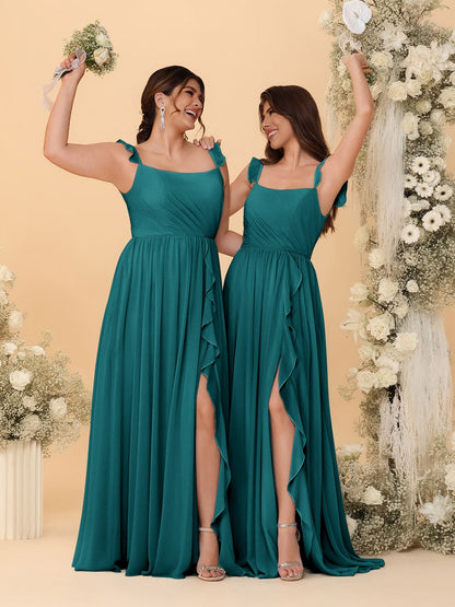 A-Line/Princess Square Neck Sleeveless Ruched Bridesmaid Dresses With Side Slit & Ruffles