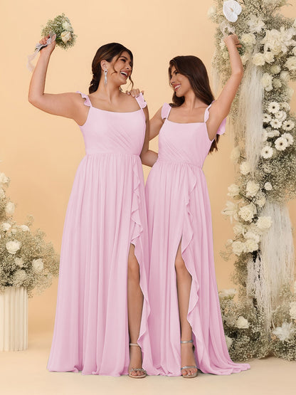 A-Line/Princess Square Neck Sleeveless Ruched Bridesmaid Dresses With Side Slit & Ruffles