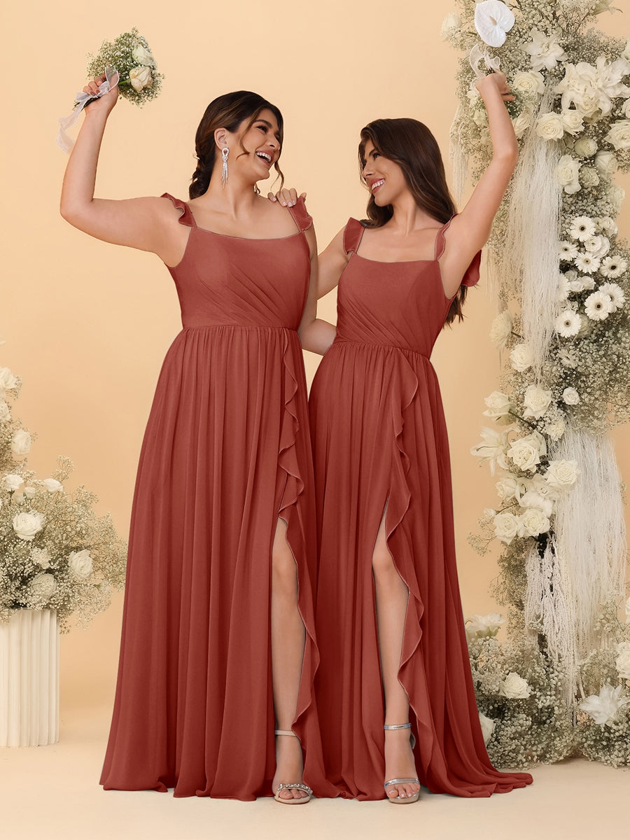 A-Line/Princess Square Neck Sleeveless Ruched Bridesmaid Dresses With Side Slit & Ruffles