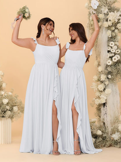 A-Line/Princess Square Neck Sleeveless Ruched Bridesmaid Dresses With Side Slit & Ruffles