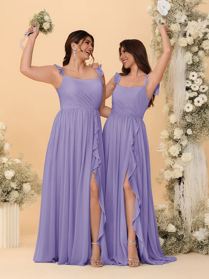A-Line/Princess Square Neck Sleeveless Ruched Bridesmaid Dresses With Side Slit & Ruffles