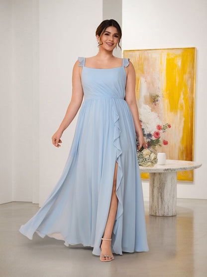 A-Line/Princess Square Neck Sleeveless Plus Size Bridesmaid Dresses With Side Slit & Ruffles