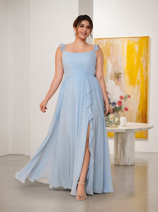 A-Line/Princess Square Neck Sleeveless Plus Size Bridesmaid Dresses With Side Slit & Ruffles